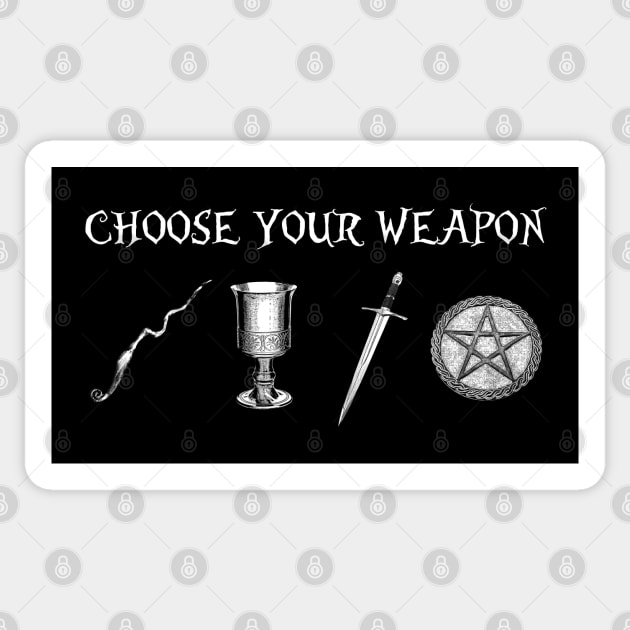 Choose Your Weapon - Wand, Cup, Sword, Pentagram (Black and White VARIANT) Sticker by Occult Designs